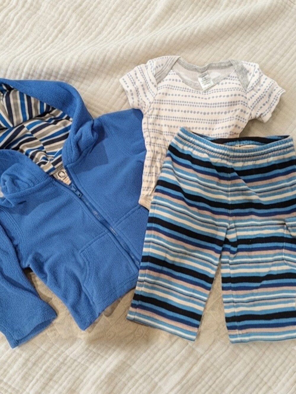 6-9M Blue Fleece Hoodie and Striped Baby Outfit Set